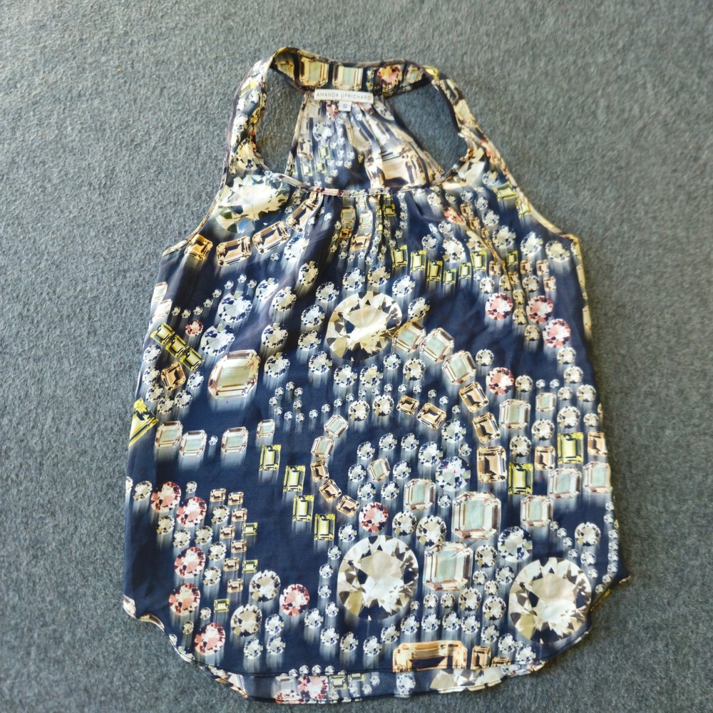 Amanda Uprichard Tank Top Small Blue Silk Gemstone Diamond Print Racerback EUC